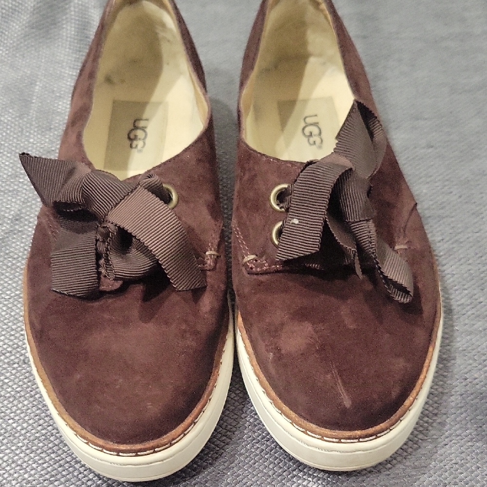 UGG Chocolate Suede Shoes with Ribbon Detail